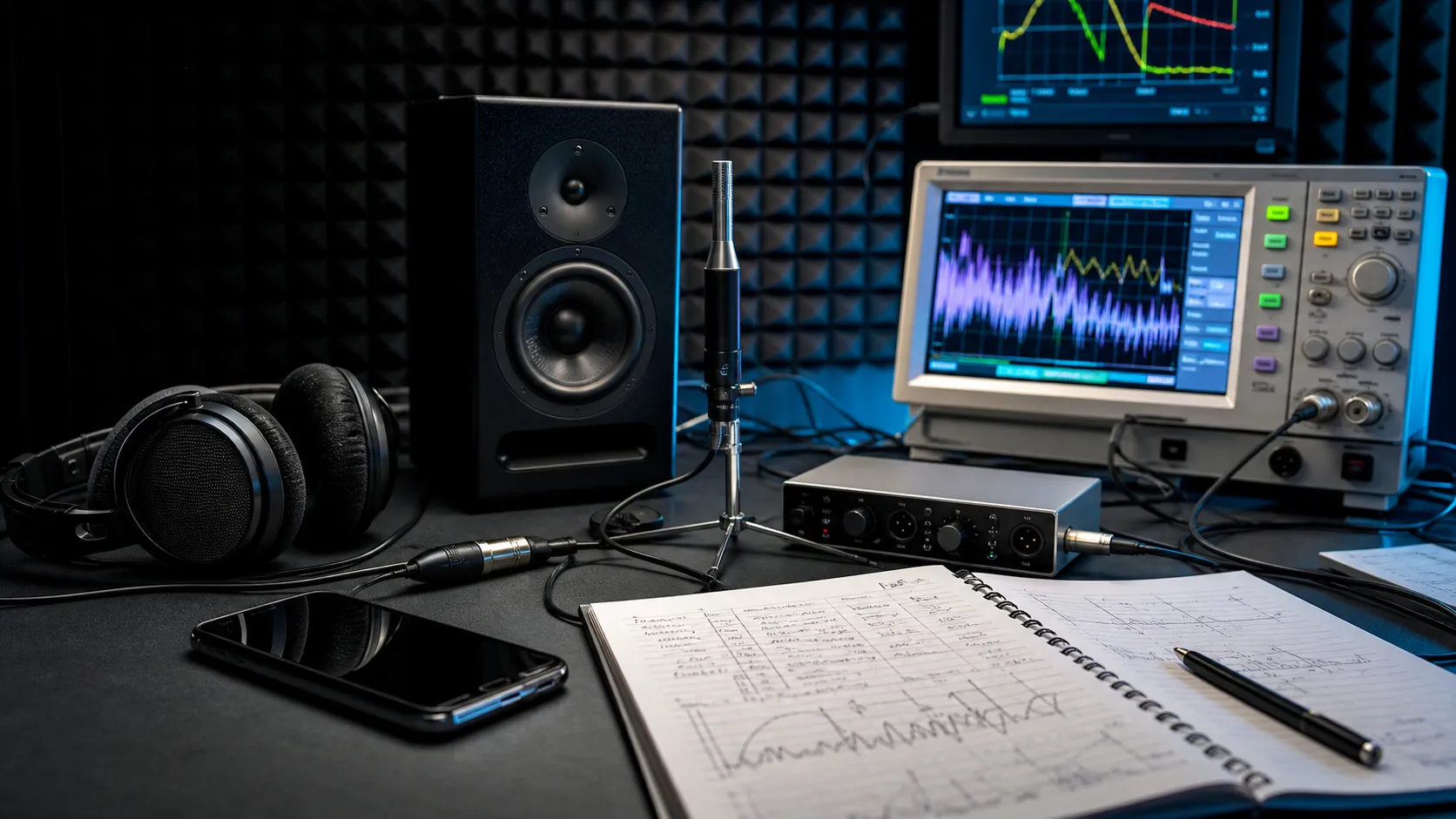Laboratorium pomiarowe ze sprzętem audio, oscyloskopem i notatkami testowymi