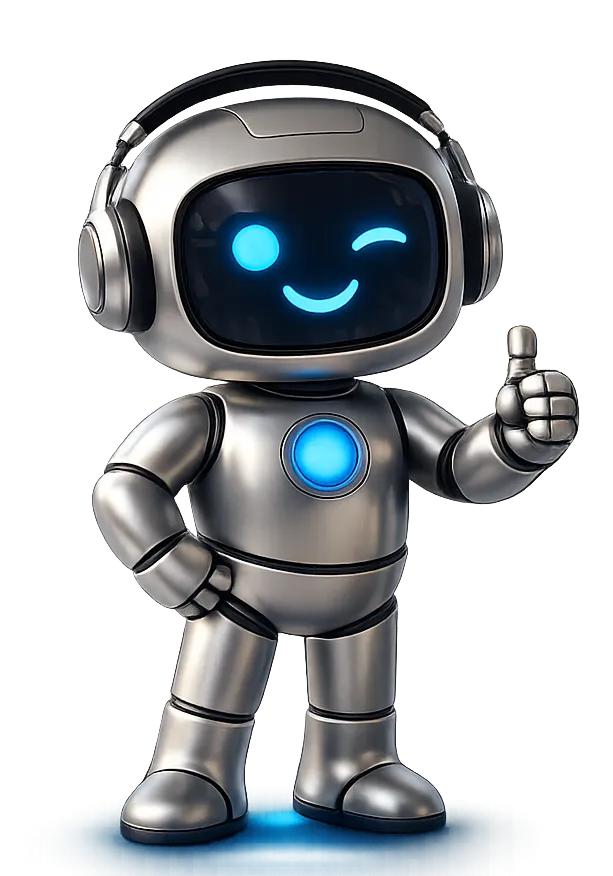 Metaliczny robot Tech2u w słuchawkach pokazujący kciuk w górę